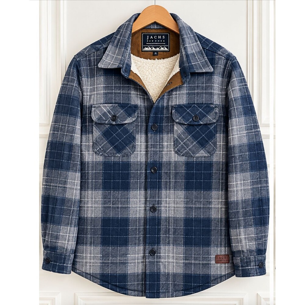 Jachs New York Mens M Heavyweight Sherpa Lined Plaid Flannel Jacket Blue Gray